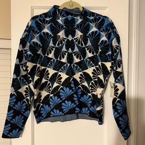 Anthropologie Blue and Cream Geometric Floral Turtleneck Sweater